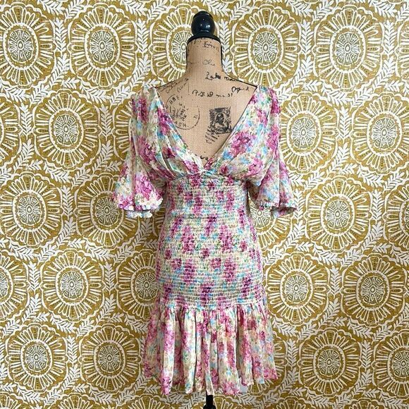 NWT ByTiMo Floral Smocked Ruffle Chiffon Mini Dress in Summer Flowers size S - Picture 11 of 13
